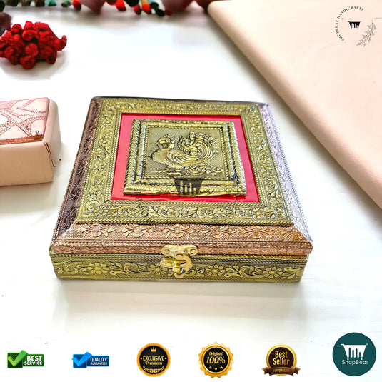 Golden-Copper Oxidised Dry Fruit Box – Red Velvet Finish (8x8 Inch)