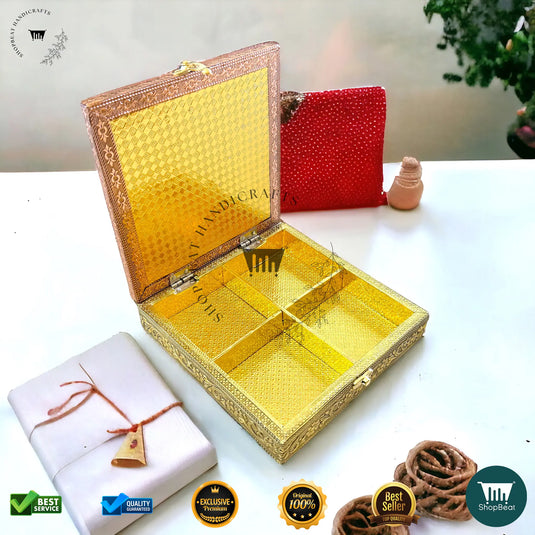 Golden-Copper Oxidised Dry Fruit Box – Red Velvet Finish (8x8 Inch)