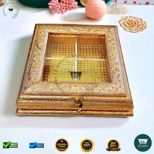 Golden Oxidised Dry Fruit Box – Acrylic Window Design (10x10 Inch)