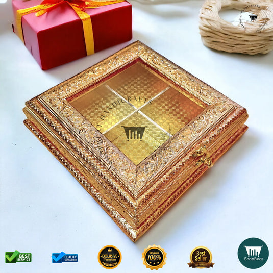 Golden Oxidised Dry Fruit Box – Acrylic Window Design (10x10 Inch)