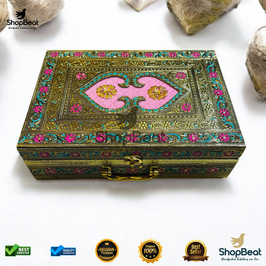 Golden Oxidised Dry Fruit Box – Pink Velvet with 6 Glass Jars