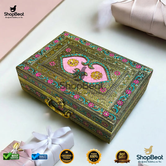 Golden Oxidised Dry Fruit Box – Pink Velvet with 6 Glass Jars