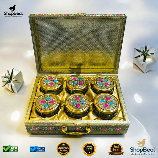 Golden Oxidised Dry Fruit Box – Pink Velvet with 6 Glass Jars