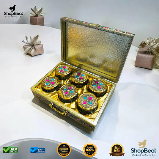 Golden Oxidised Dry Fruit Box – Pink Velvet with 6 Glass Jars