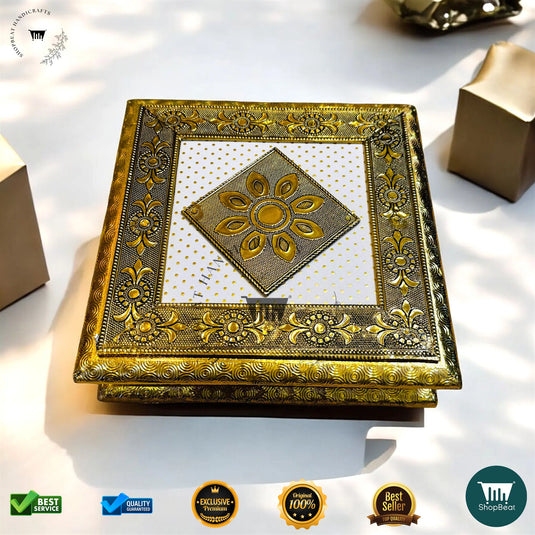 Golden Oxidised Dry Fruit Box – White Rexine Decorative (8x8 Inch)
