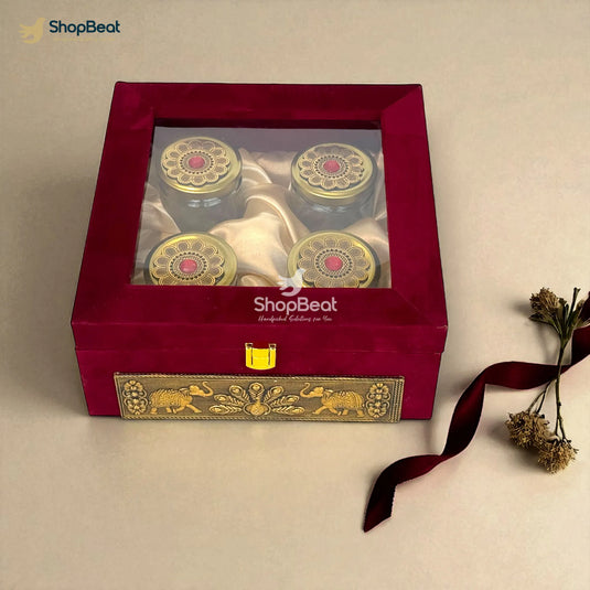 Premium Red Velvet Window Decorative Dryfruit Box With 4 Glass Jars