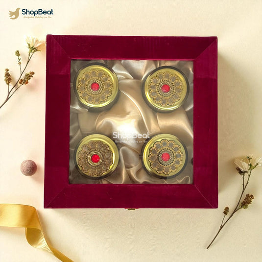 Premium Red Velvet Window Decorative Dryfruit Box With 4 Glass Jars
