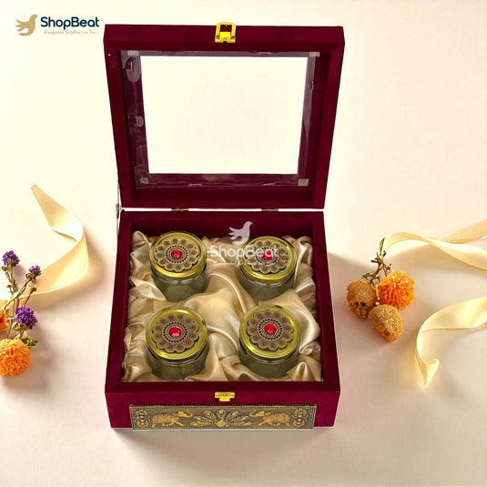 Premium Red Velvet Window Decorative Dryfruit Box With 4 Glass Jars