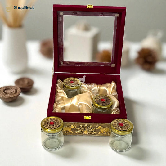 Premium Red Velvet Window Decorative Dryfruit Box With 4 Glass Jars