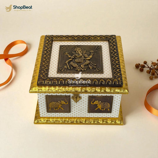 White Rexine Golden Decorative Dryfruit Box With 4 Glass Jars