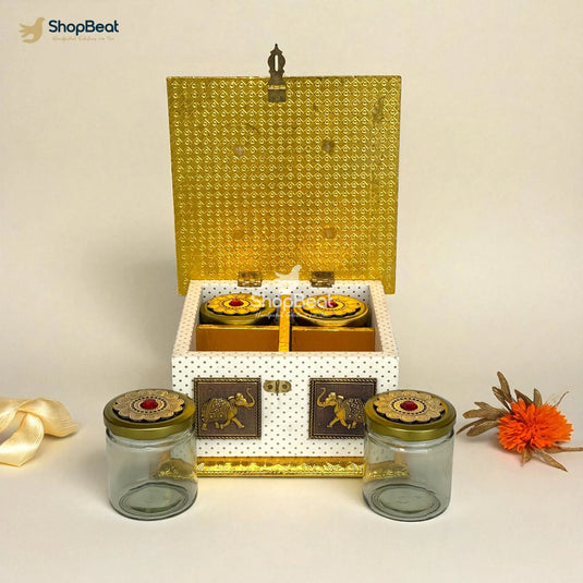 White Rexine Golden Decorative Dryfruit Box With 4 Glass Jars