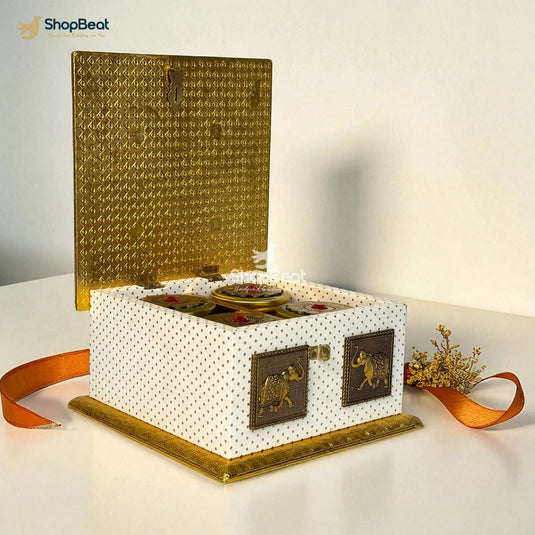 White Rexine Golden Decorative Dryfruit Box With 4 Glass Jars