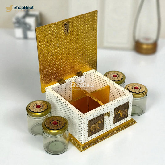 White Rexine Golden Decorative Dryfruit Box With 4 Glass Jars