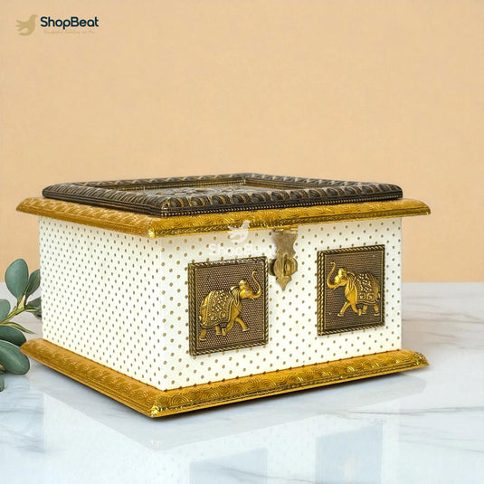 White Rexine Golden Decorative Dryfruit Box With 4 Glass Jars