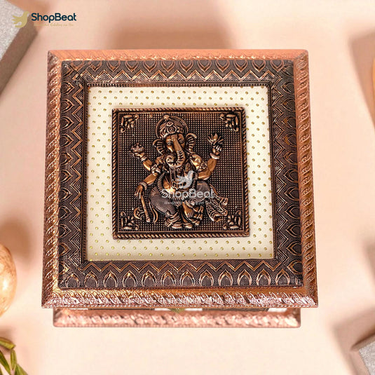 White Rexine Copper Decorative Dryfruit Box With 4 Glass Jars