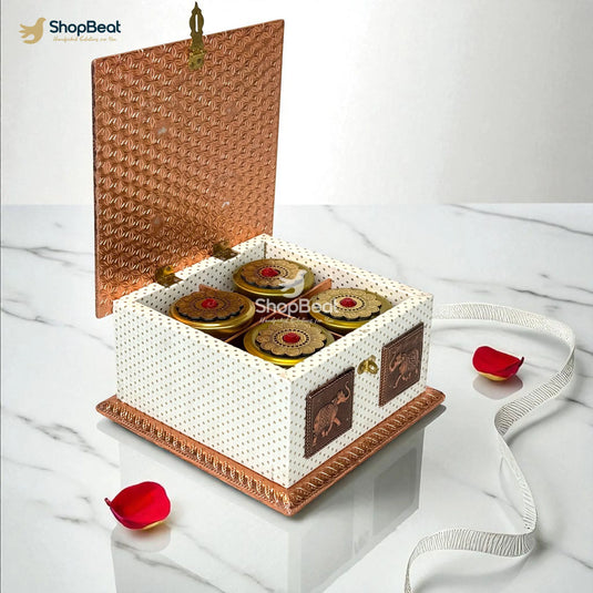 White Rexine Copper Decorative Dryfruit Box With 4 Glass Jars