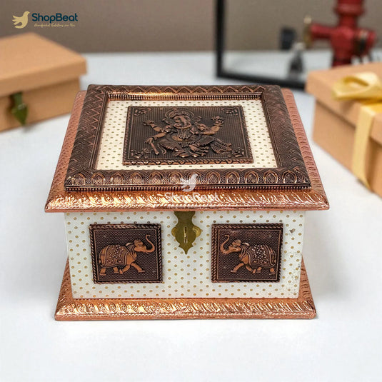 White Rexine Copper Decorative Dryfruit Box With 4 Glass Jars
