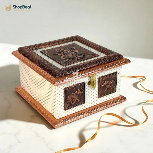 White Rexine Copper Decorative Dryfruit Box With 4 Glass Jars