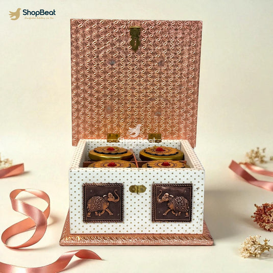 White Rexine Copper Decorative Dryfruit Box With 4 Glass Jars