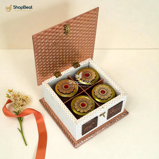 White Rexine Copper Decorative Dryfruit Box With 4 Glass Jars