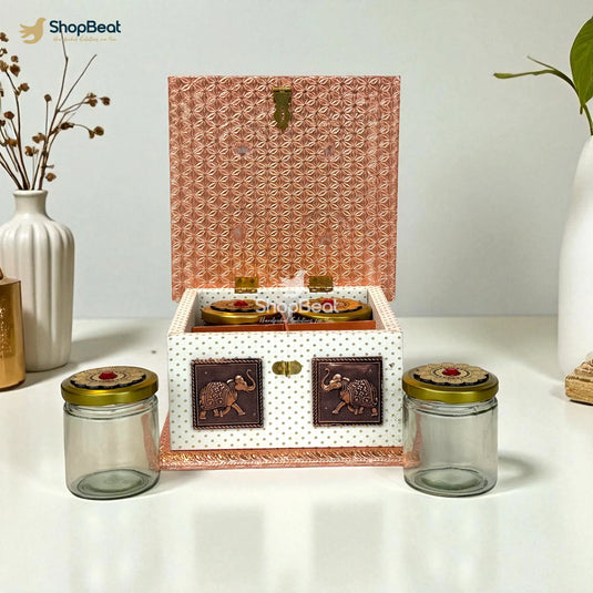 White Rexine Copper Decorative Dryfruit Box With 4 Glass Jars