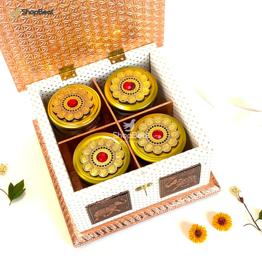 White Rexine Copper Decorative Dryfruit Box With 4 Glass Jars