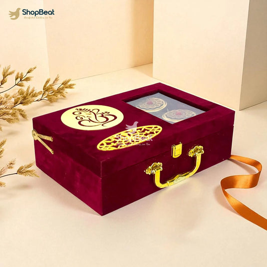 Premium Red Velvet Golden Ganesh Dryfruit Box With 2 Glass Jars – 12x8