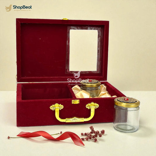 Premium Red Velvet Golden Ganesh Dryfruit Box With 2 Glass Jars – 12x8