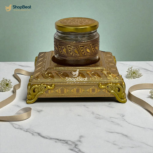 Golden Oxidised 1 Jar Dry Fruit Box with Decorative Tray