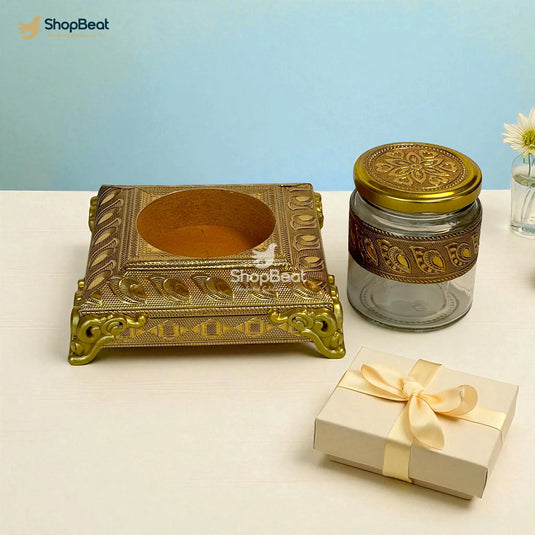 Golden Oxidised 1 Jar Dry Fruit Box with Decorative Tray