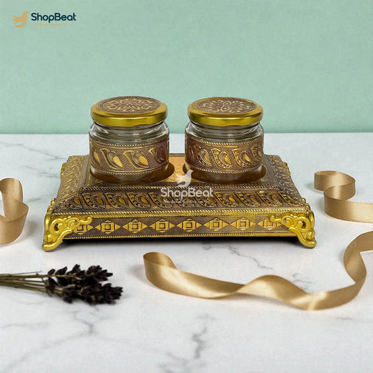 Golden Oxidised 2 Jar Dry Fruit Box with Decorative Tray