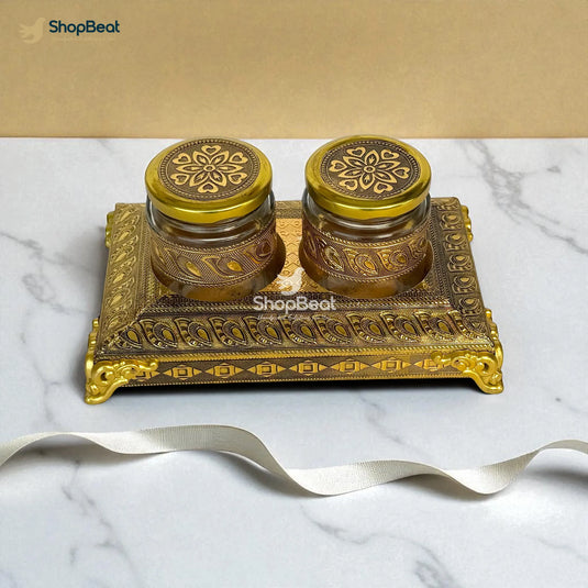 Golden Oxidised 2 Jar Dry Fruit Box with Decorative Tray
