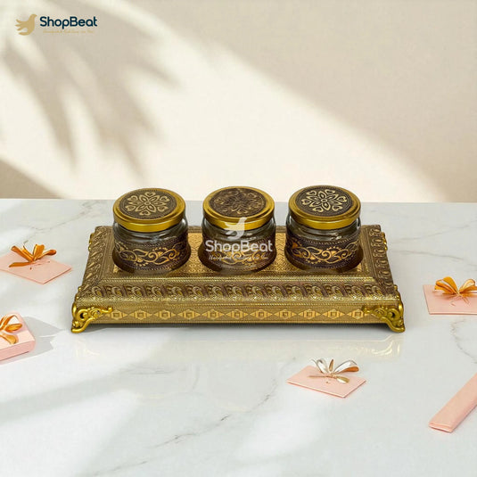 Golden Oxidised 3 Jar Dry Fruit Box with Decorative Tray