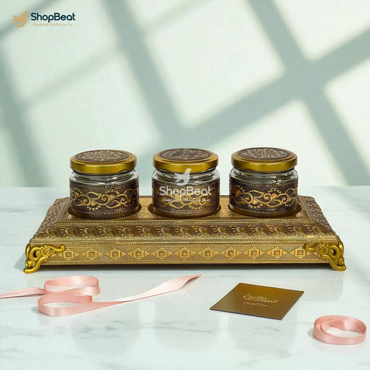 Golden Oxidised 3 Jar Dry Fruit Box with Decorative Tray