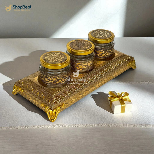 Golden Oxidised 3 Jar Dry Fruit Box with Decorative Tray