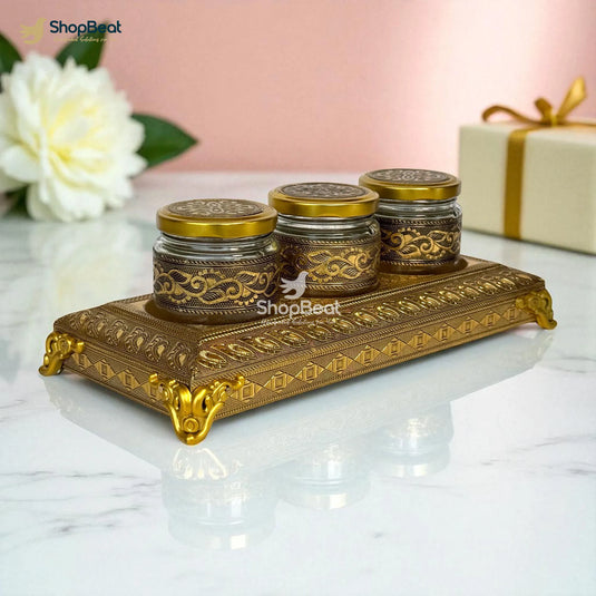 Golden Oxidised 3 Jar Dry Fruit Box with Decorative Tray