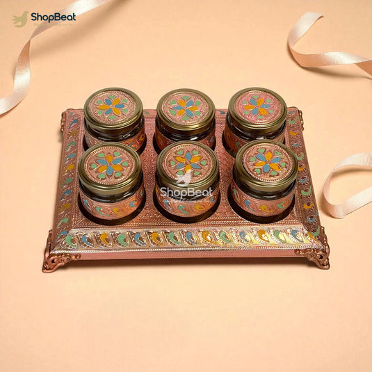 Copper Oxidised 6 Jar Dry Fruit Box with Decorative Tray