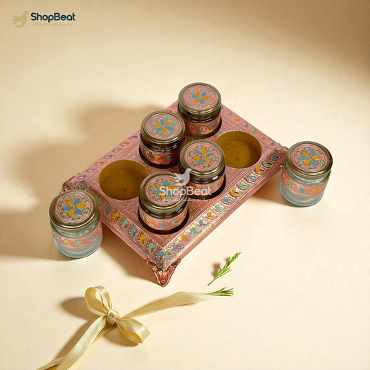 Copper Oxidised 6 Jar Dry Fruit Box with Decorative Tray