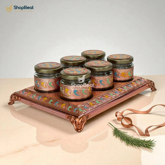 Copper Oxidised 6 Jar Dry Fruit Box with Decorative Tray