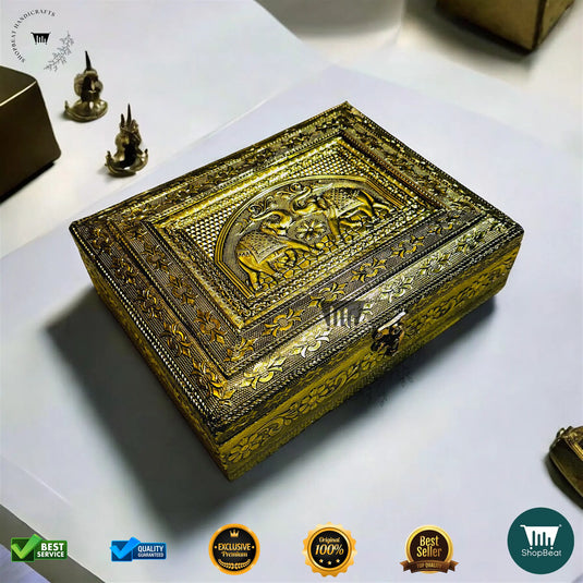 Golden Oxidised Multipurpose Box – 9x7 Inch Wooden Pooja & Jewellery Box
