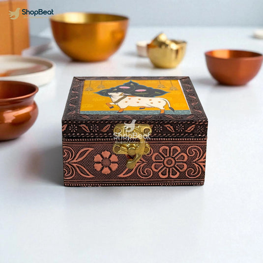 Copper Oxidised Pichwai Pooja Box / Jewellery Box / Multipurpose Box – 4x4