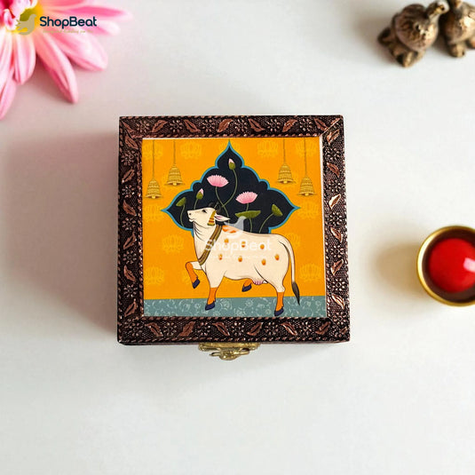 Copper Oxidised Pichwai Pooja Box / Jewellery Box / Multipurpose Box – 4x4