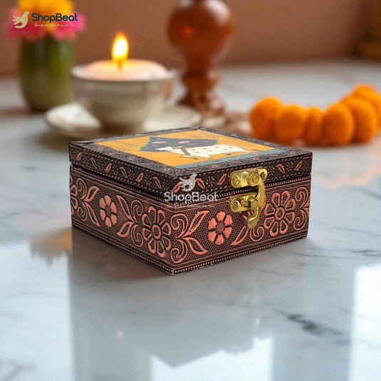 Copper Oxidised Pichwai Pooja Box / Jewellery Box / Multipurpose Box – 4x4