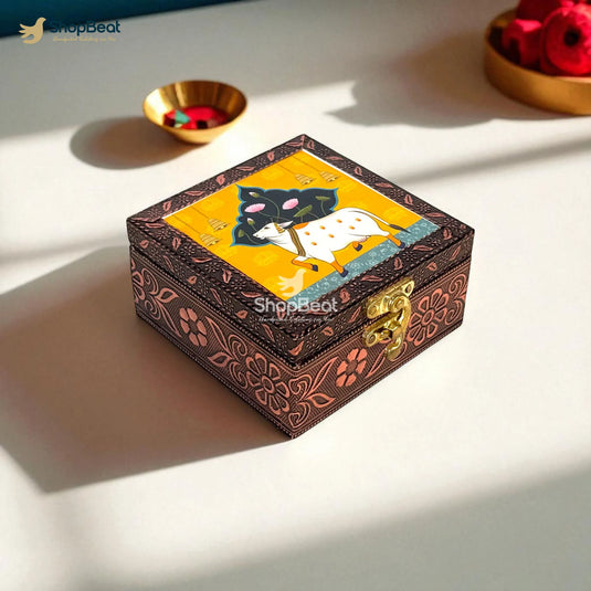 Copper Oxidised Pichwai Pooja Box / Jewellery Box / Multipurpose Box – 4x4