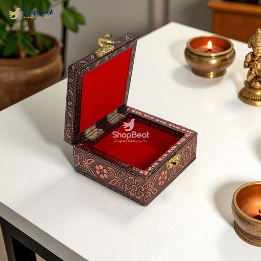 Copper Oxidised Pichwai Pooja Box / Jewellery Box / Multipurpose Box – 4x4