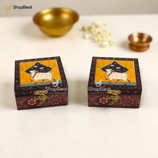 Handcrafted Wooden Jewellery Box Copper Metal Finish (4 x 4 inch) Pack of 2 | Oxidized Pichwai Cow Design | Decorative Organizer | Storage Box for Women Puja Festive Gifting | Marigold Gold