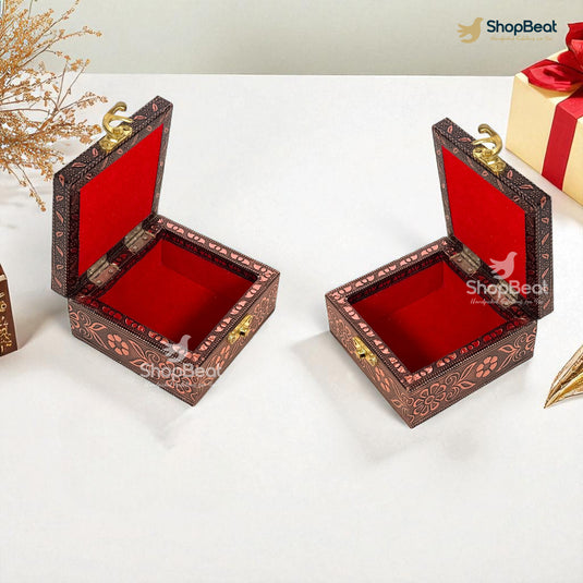 Handcrafted Wooden Jewellery Box Copper Metal Finish (4 x 4 inch) Pack of 2 | Oxidized Pichwai Cow Design | Decorative Organizer | Storage Box for Women Puja Festive Gifting | Marigold Gold