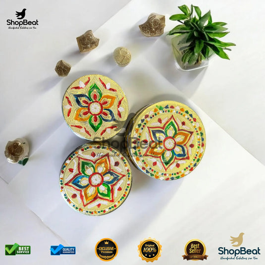 Golden Meenakari Flower Steel Box – 7 No. Multipurpose Gift Box