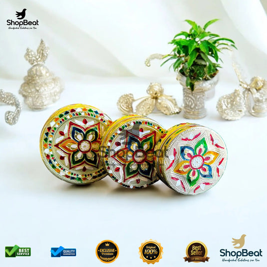 Golden Meenakari Flower Steel Box – 7 No. Multipurpose Gift Box