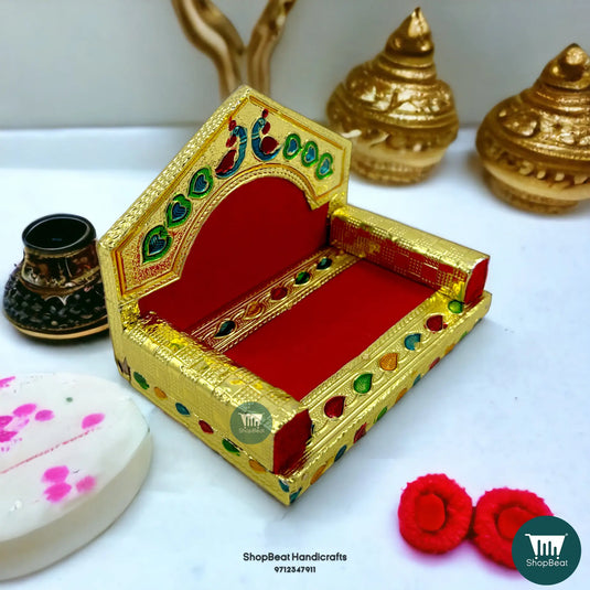 Golden Meenakari Peacock Laddu Gopal Singhasan – Wooden Throne (5x3.25)